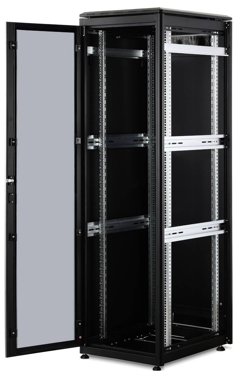 An open black server rack cabinet with multiple sliding compartments shows space for IT equipment, with the left-hand door open.