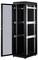 An open black server rack cabinet with multiple sliding compartments shows space for IT equipment, with the left-hand door open.