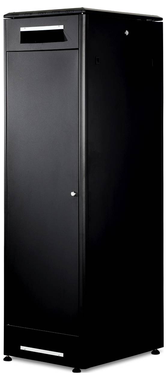 Black, tall server cabinet with a closed front door, suitable for storing IT equipment in a data centre.