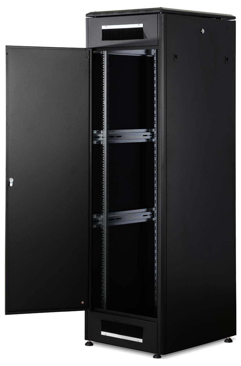 A black, tall network cabinet with an open door, revealing empty mounting spaces for IT equipment.