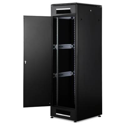 A black, tall network cabinet with an open door, revealing empty mounting spaces for IT equipment.
