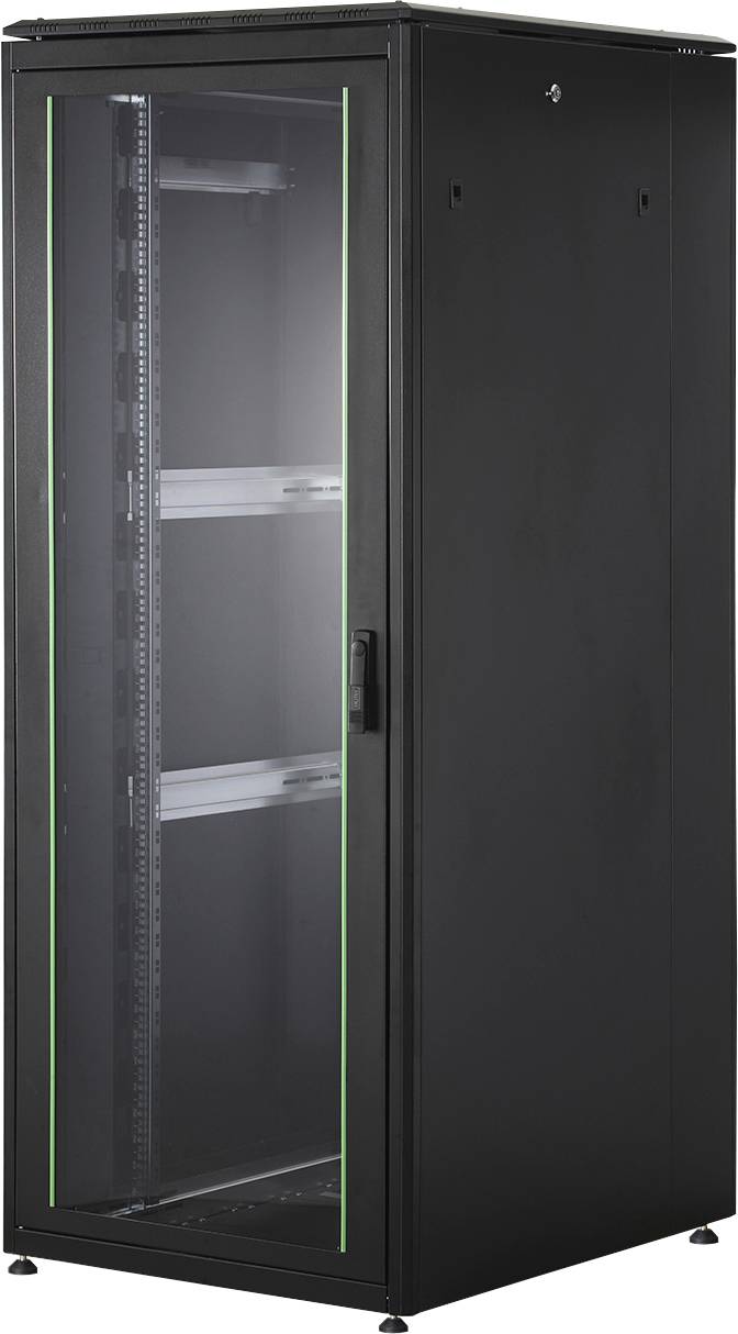 Black server rack with a glass door and green stripe, featuring two internal shelves. Suitable for technological devices and servers.