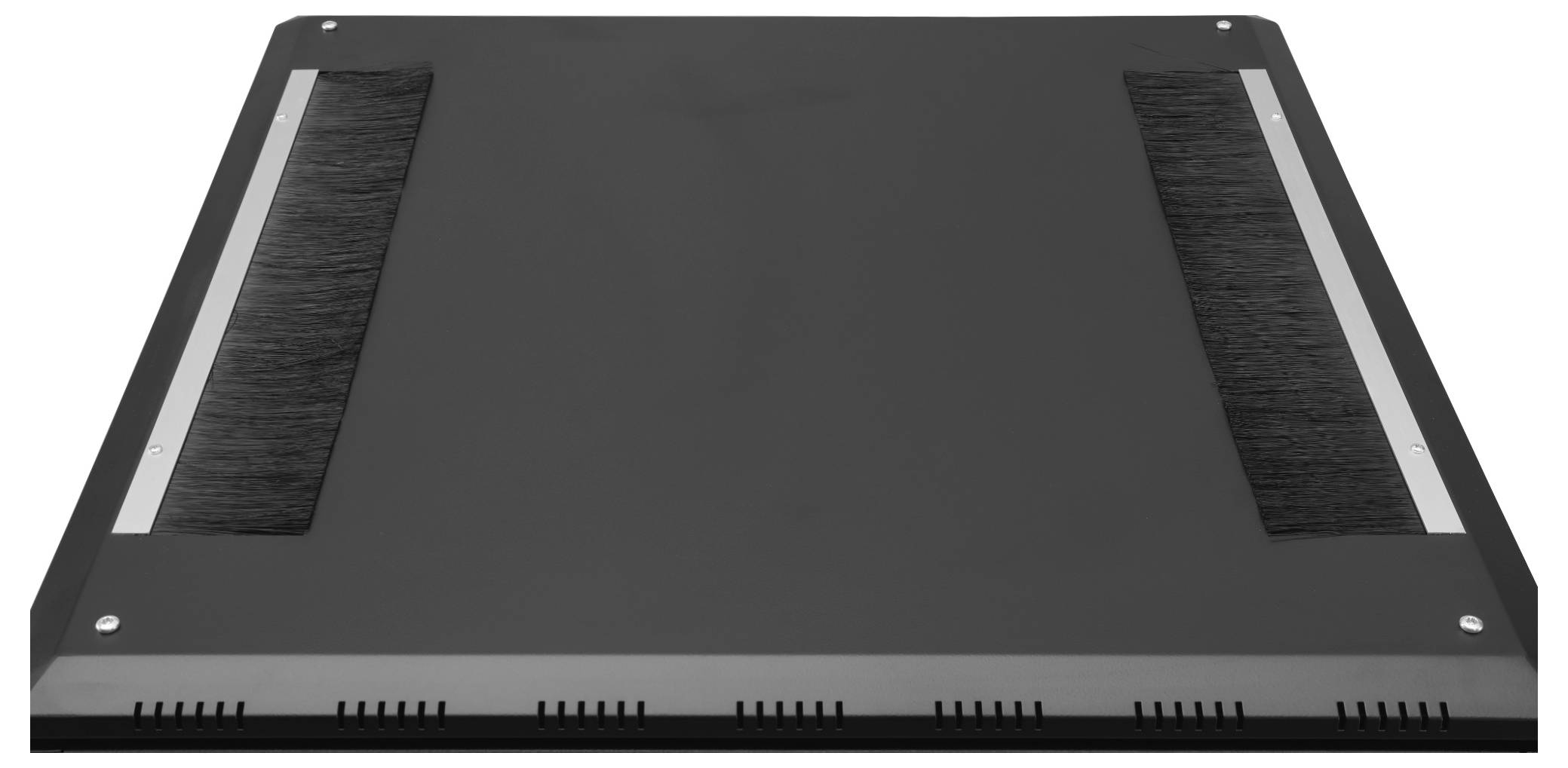 A black rectangular object with two parallel lines of bristles, possibly a brush plate, on a white background.