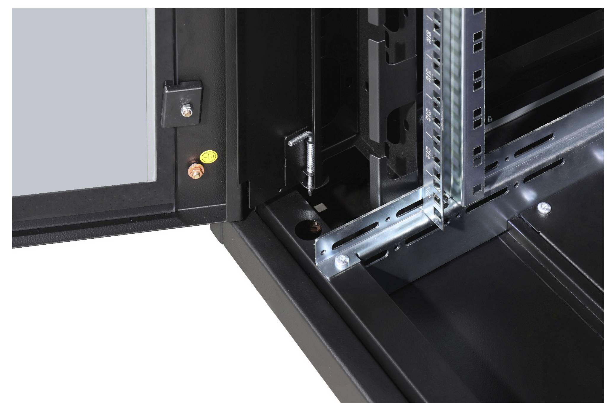 An open server cabinet providing a view of the screws and metal components of the internal structure, revealing internal connections.