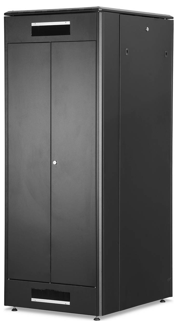 Black metal cabinet with double doors, suitable for storing technical equipment or documents in offices or storage rooms.