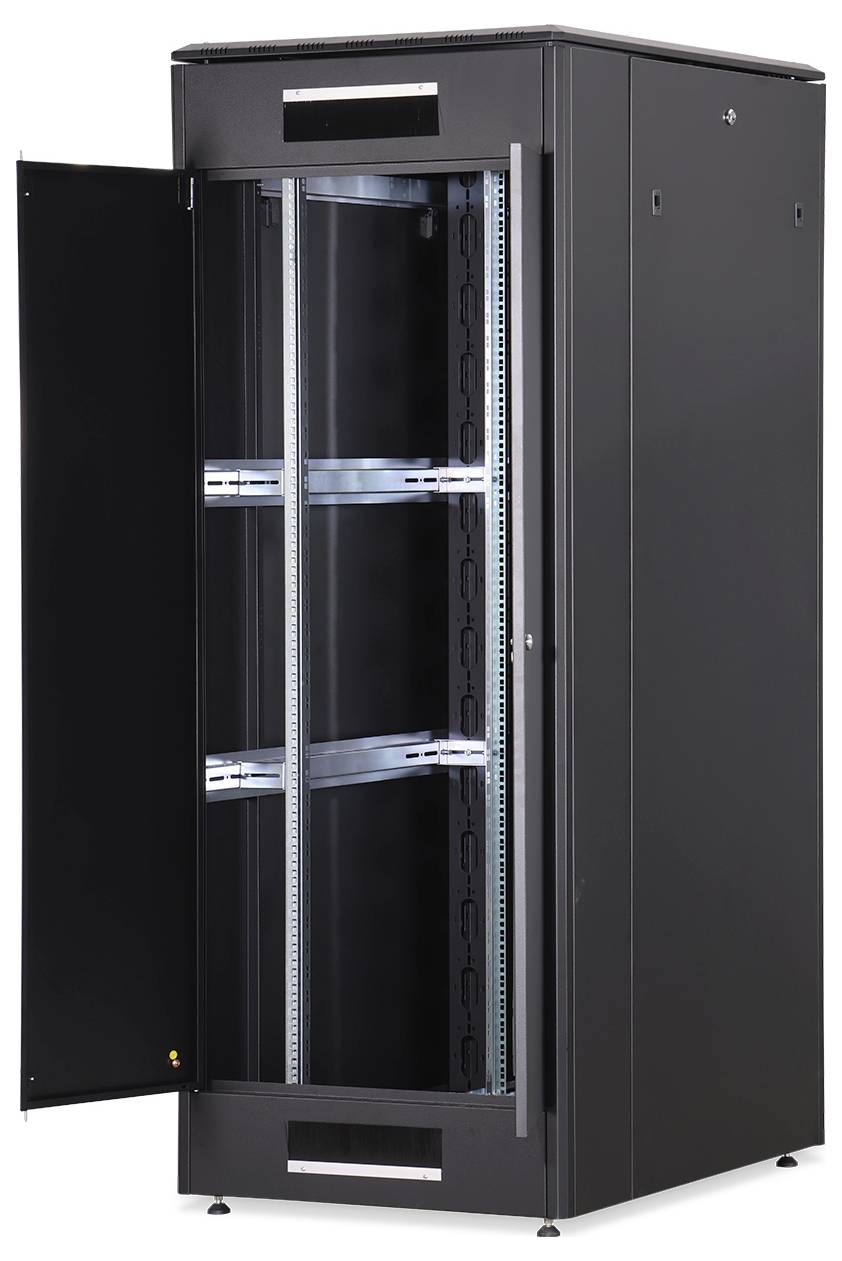 Open black server rack with multiple shelf levels, suitable for housing IT hardware in data centres.