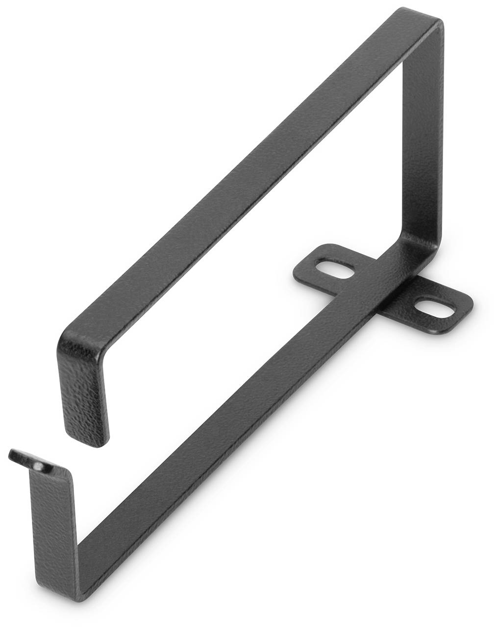 Black metal bracket with mounting holes, used for fixing or supporting objects on walls or surfaces.