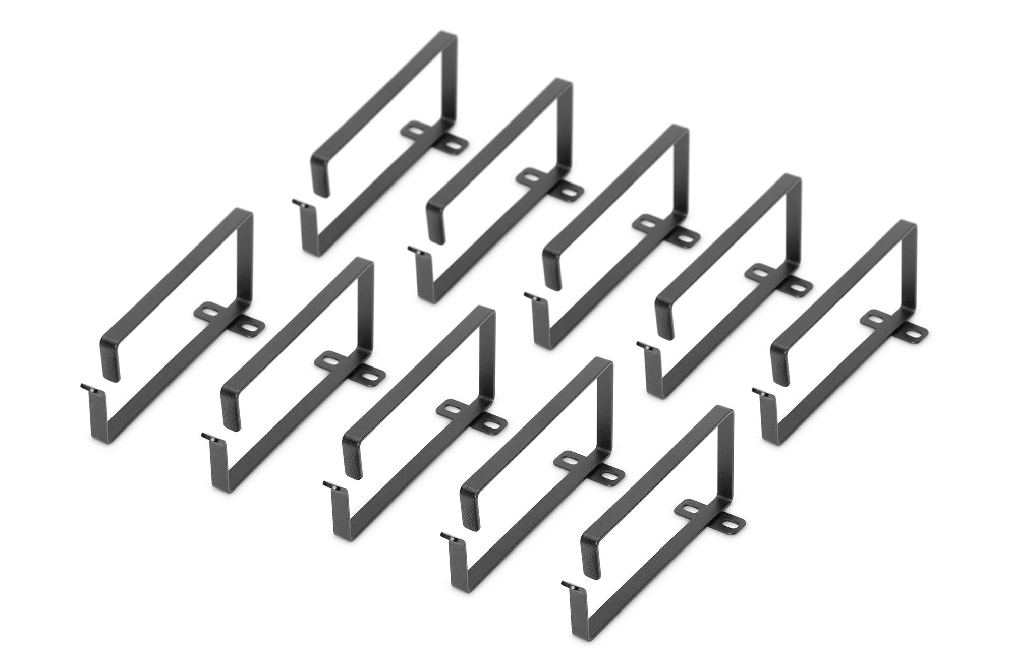 Ten black, rectangular metal clips arranged in a formation. Each clip has two vertical and one horizontal strut.