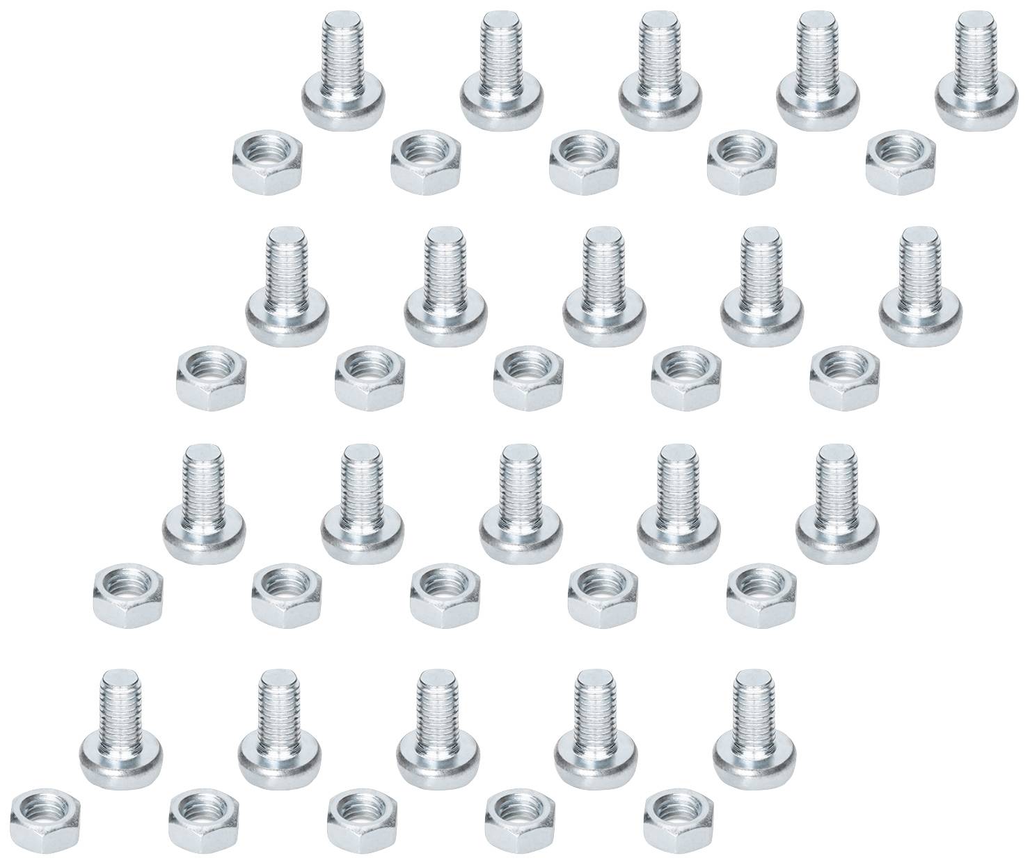 'Several screws and nuts arranged in a regular pattern.'