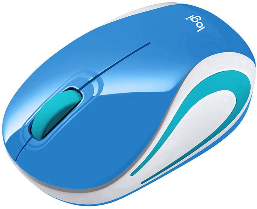 Blue, wireless computer mouse with a curved white and turquoise pattern, ergonomic design and scroll wheel.