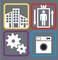 Symbols for a building, a lift, gears, and a washing machine, colour-coded. Representation of infrastructure and technology.