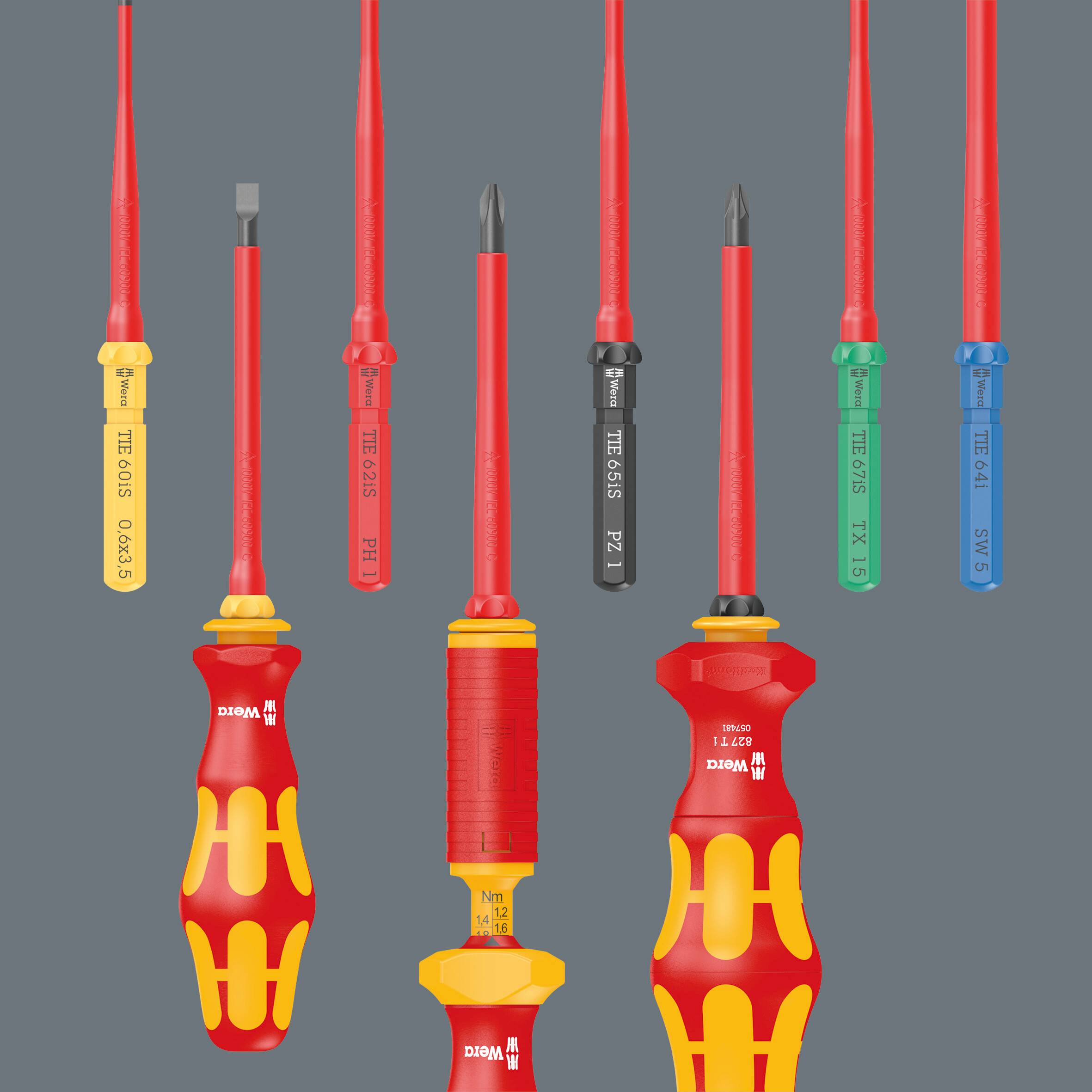 'A set of coloured screwdrivers with various heads and insulated handles for electrical work, on a grey background.'