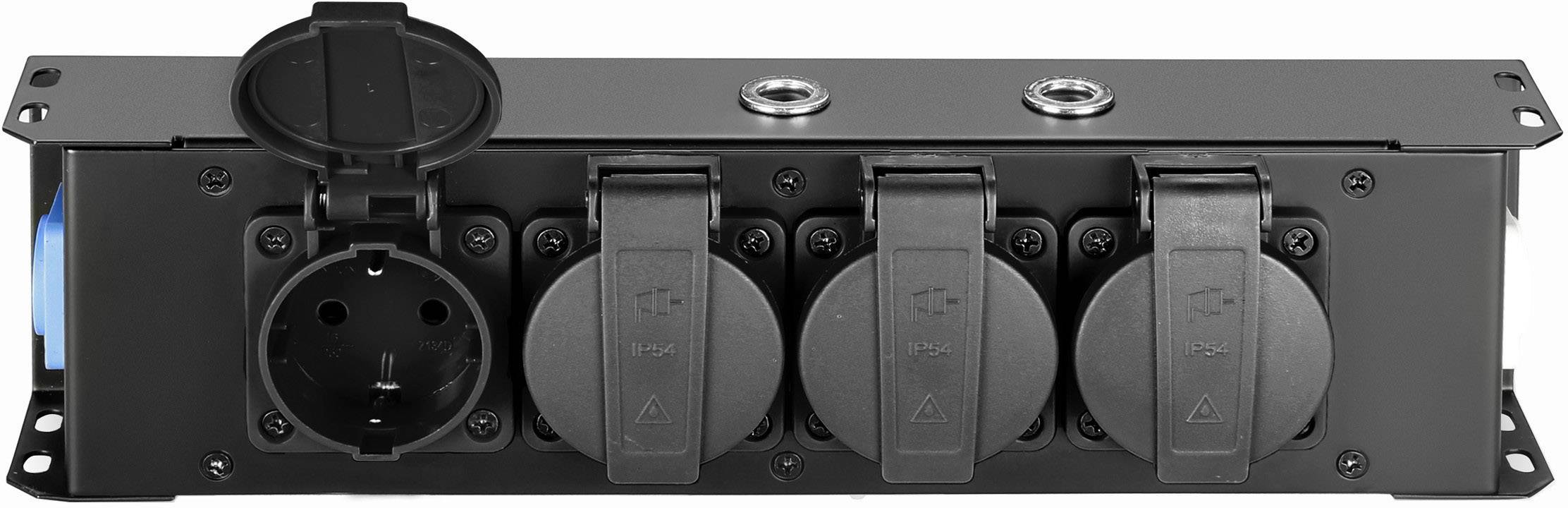 Four-way socket strip with black casing. Left socket open, revealing socket underneath.