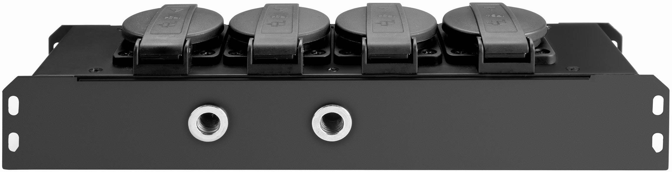 A black rack panel with four covered power sockets and two white ports at the front.