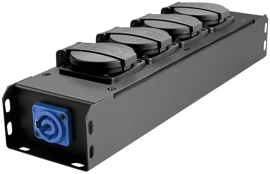 A black power strip with five socket outlets on the top surface and a blue power connection on the side.