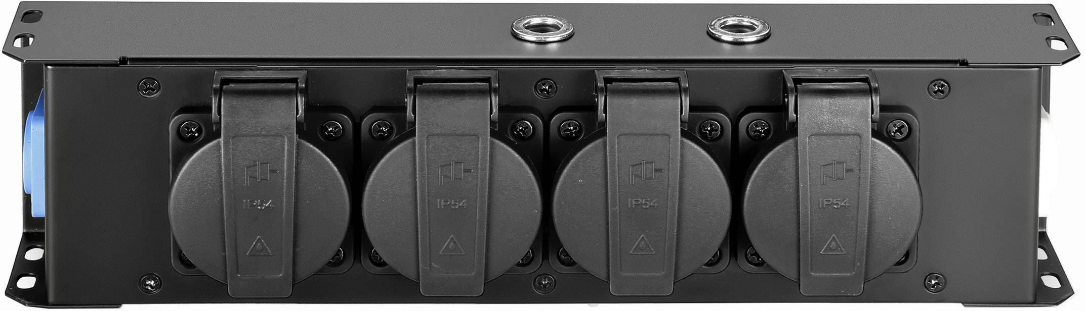 A black metal panel with four round sockets arranged side by side, mounted on a rectangular frame with two fixing holes.