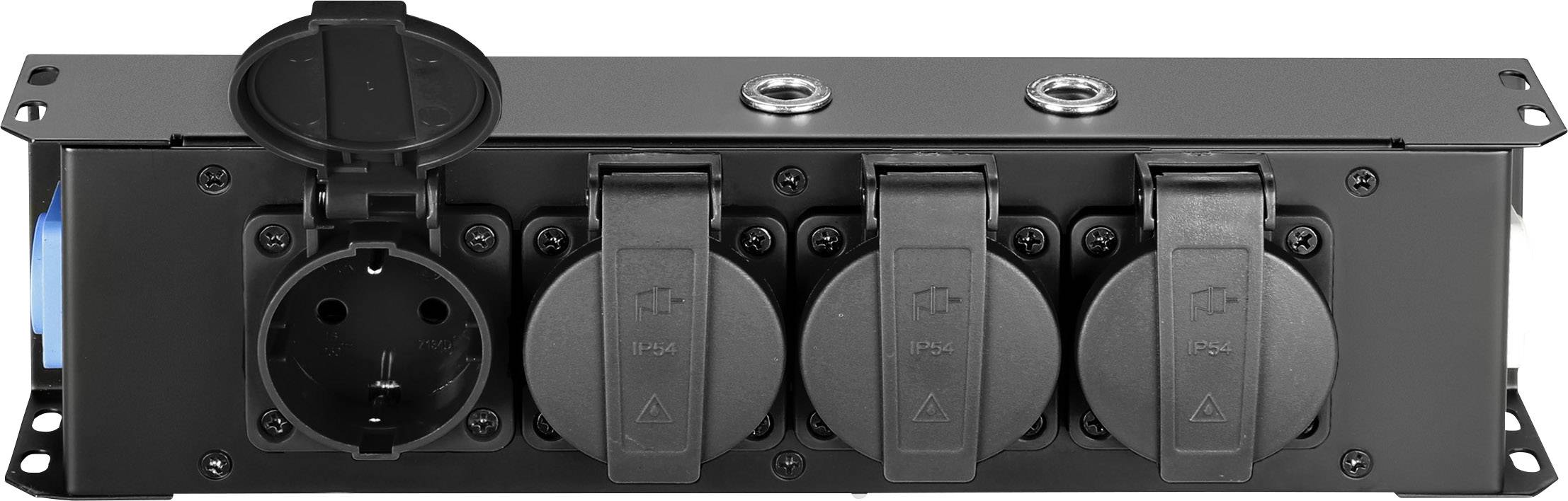 A black socket module with four European-style electrical sockets, some with covers. Open on the left, showing a socket with protective earth contact.