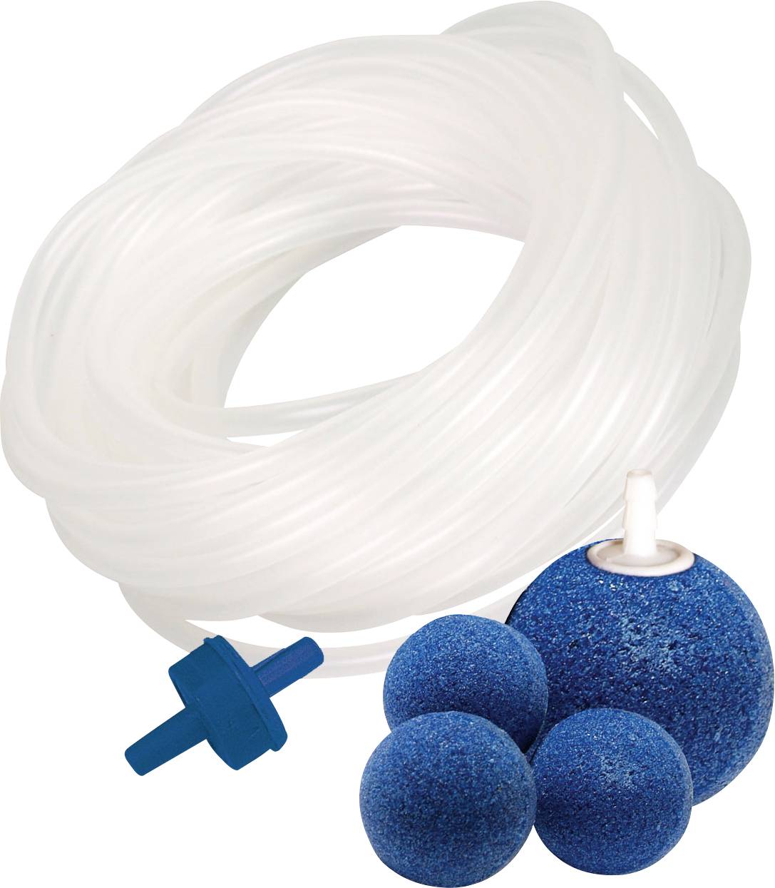 Transparent tube, blue air stones and a connector for an aquarium or pond aeration system.