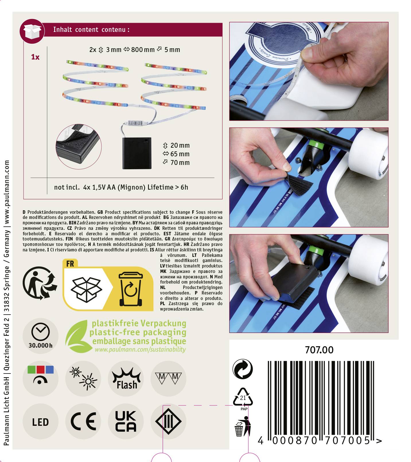 'Skateboard LED Light Set Packaging, includes 2 LED strips, details for attachment to skateboard, requires 4x 1.5V AA batteries.'