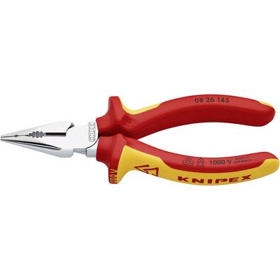 Pictured is a red insulated pliers by Knipex with a yellow grip protection, marked for 1000 V voltage, suitable for electrical work.