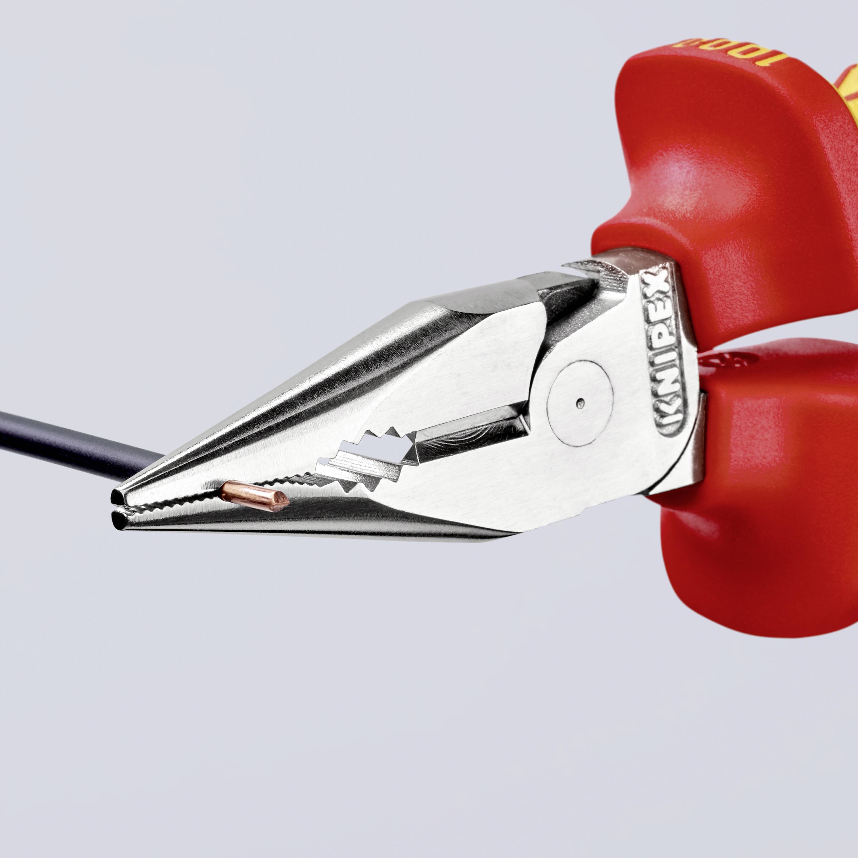 A red pair of pliers firmly grips a black cable. The gripping areas are sharply and precisely designed for secure hold.