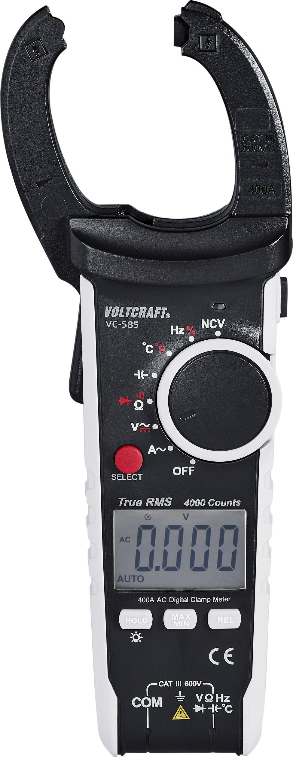 Digital voltage meter with open measuring clamp head, display showing '0.000'. Buttons and rotary switch for settings visible.