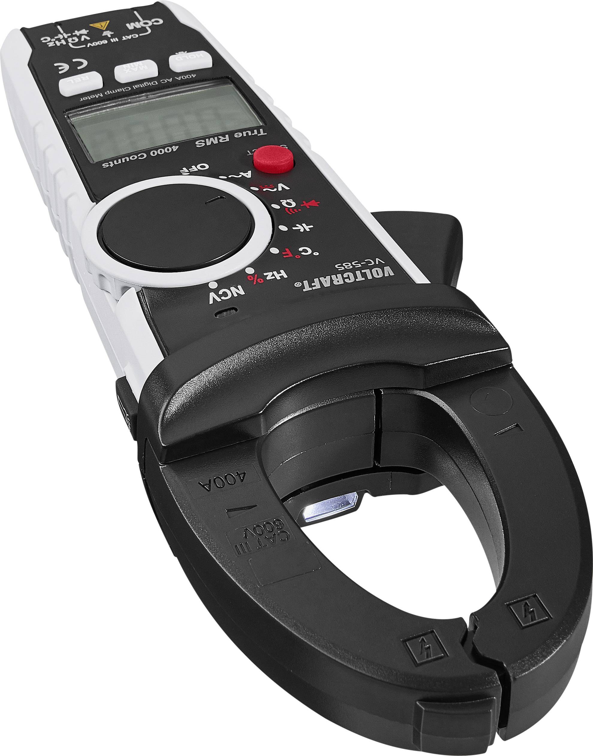 A digital clamp meter for measuring current and voltage with a display and controls, viewed from the front.