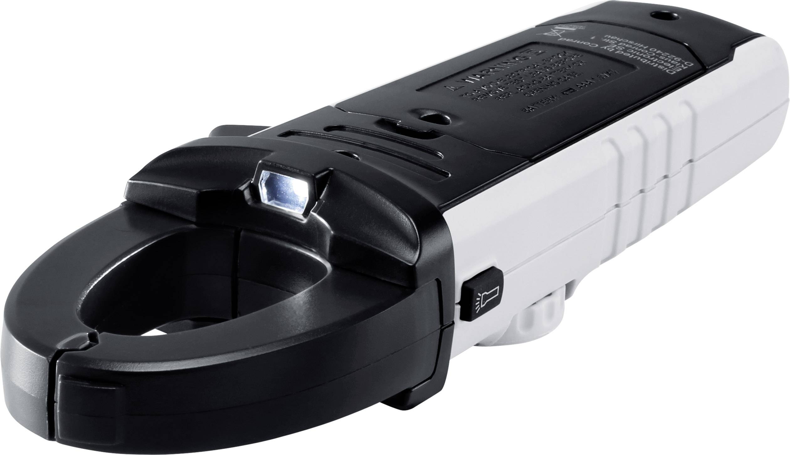 A black and white electrical device with a U-shaped clamp and a small display. It is used for measuring electrical current.