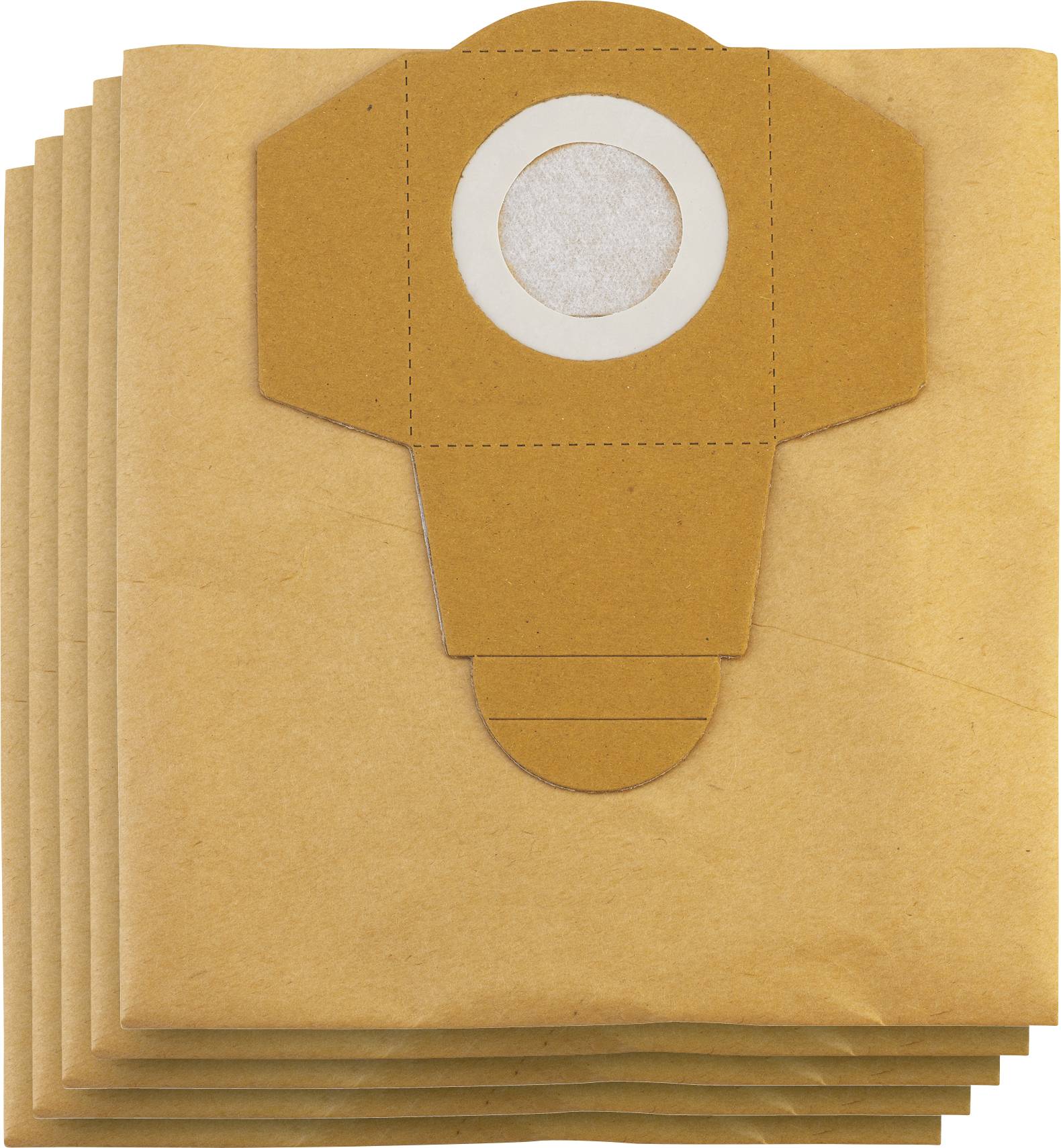 Stack of brown paper vacuum cleaner bags with a central circular filter opening.<br>