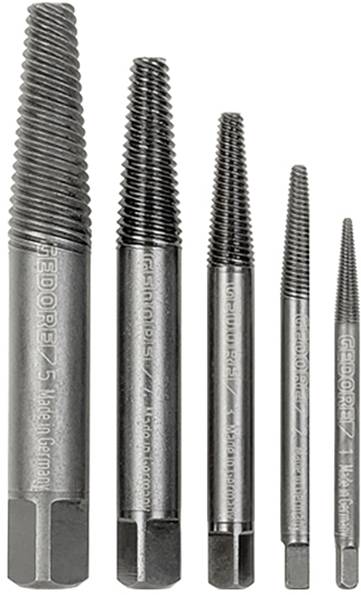 A set of five steel screw extractors of varying sizes, displayed vertically, used for removing broken screws or bolts from threaded holes.