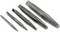 'Five metal screw extractors arranged in decreasing size from left to right, used for removing broken screws.'