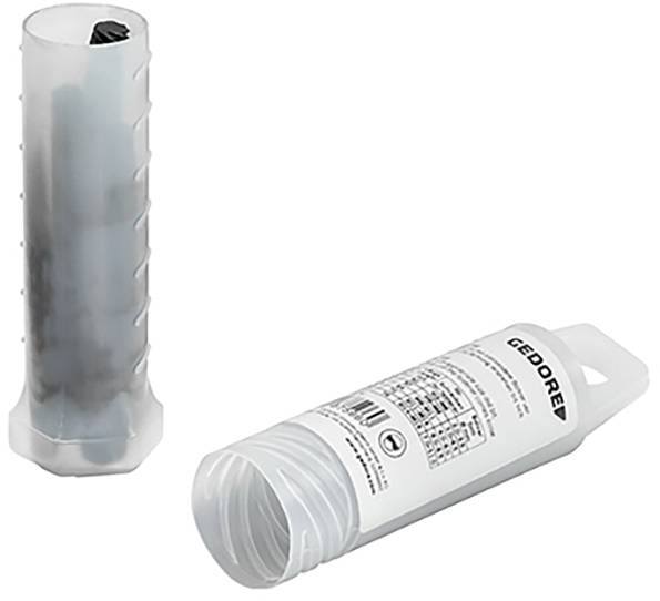 Two cylindrical plastic cases labeled 'GEDORE,' one standing upright and one lying horizontally, used for tool storage.
