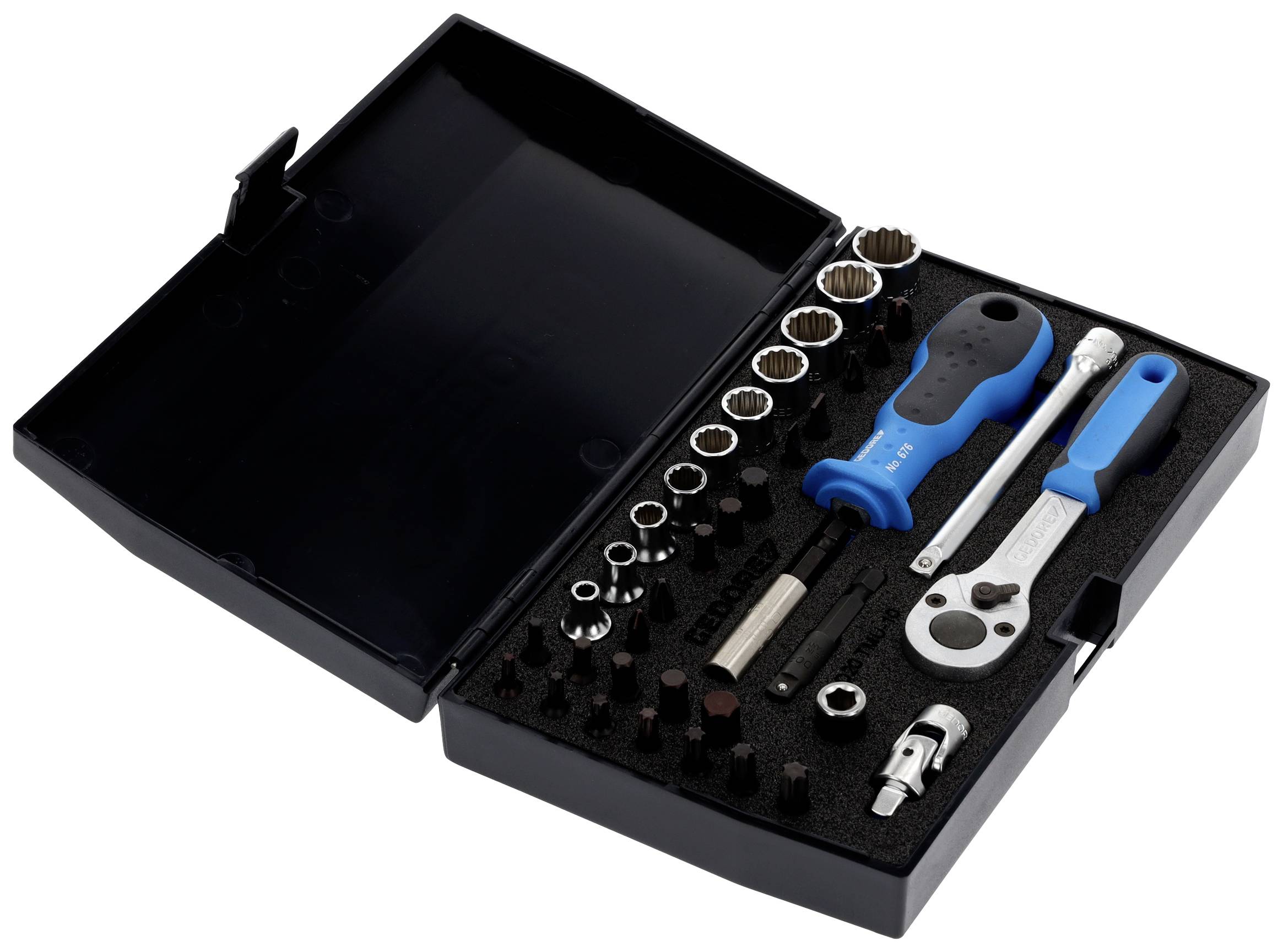 An open toolbox with various socket wrenches, screwdrivers and a ratchet, all organised in a foam insert.