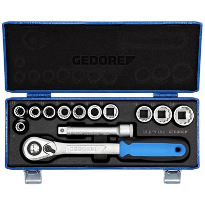 Socket wrench set in a blue case. Contains a ratchet, extension bar and several sockets of various sizes.