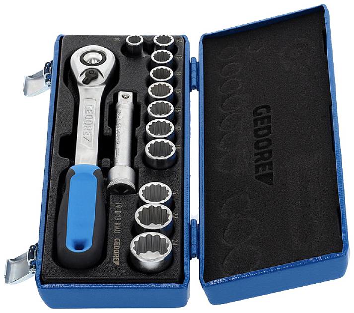 An open tool case with a ratchet, extension and various socket attachments, all arranged in a foam insert.