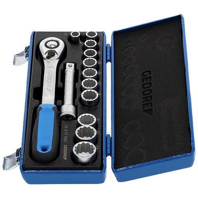 An open tool case with a ratchet, extension and various socket attachments, all arranged in a foam insert.