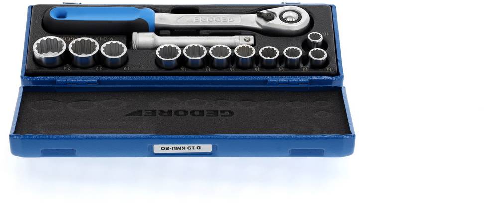 'Socket wrench set with ratchet, extension and various bits in a blue case.'
