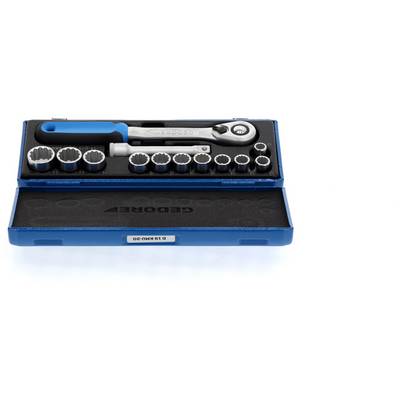 'Socket wrench set with ratchet, extension and various bits in a blue case.'
