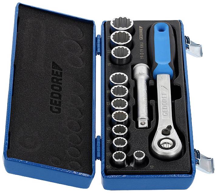 An open blue toolbox with a ratchet, extension and sockets of various sizes, neatly arranged.