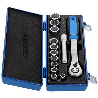 An open blue toolbox with a ratchet, extension and sockets of various sizes, neatly arranged.