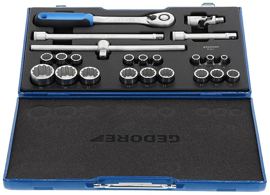 13-piece socket wrench set in an open blue case, including various attachments, ratchet and extension for mechanical work.