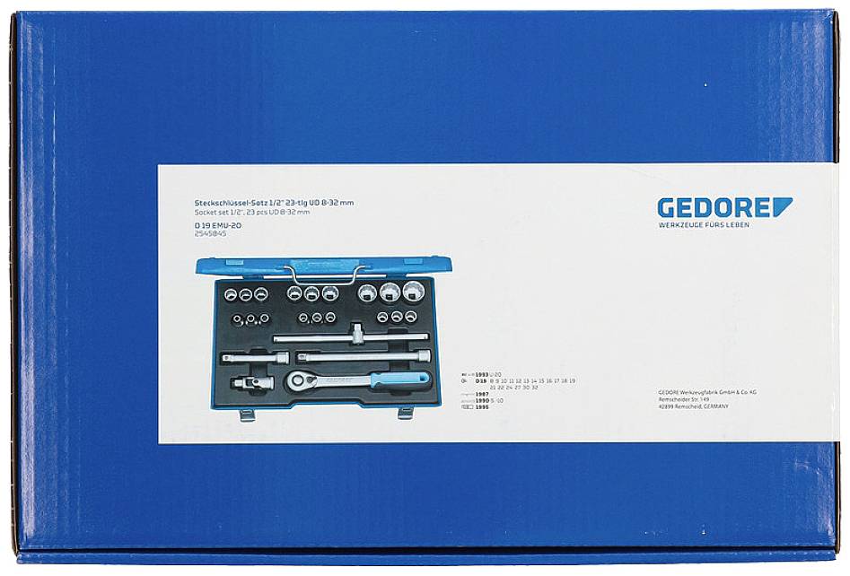 A blue packaging displays an image of a socket wrench set with a ratchet and various attachments. Brand: Gedore.