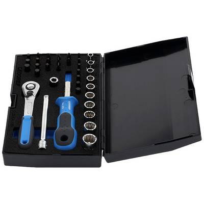 Toolkit with ratchet, screwdriver handle, socket inserts and bits in various sizes, arranged in a black box.