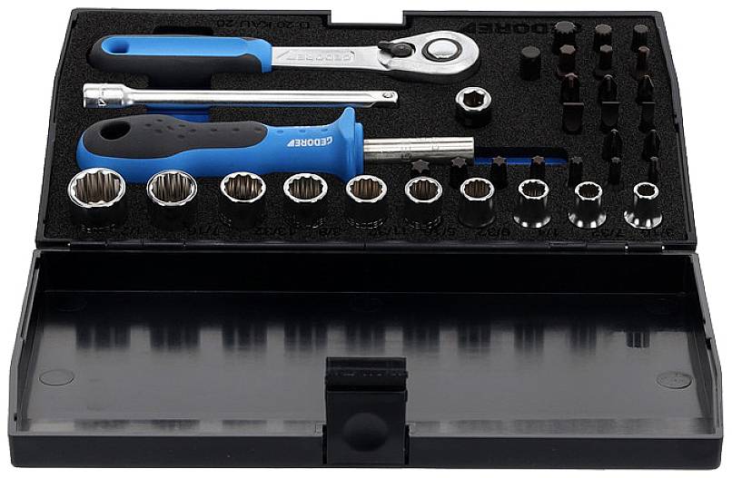 Spanner set in a black box with ratchet, screwdriver handle, and various attachments.
