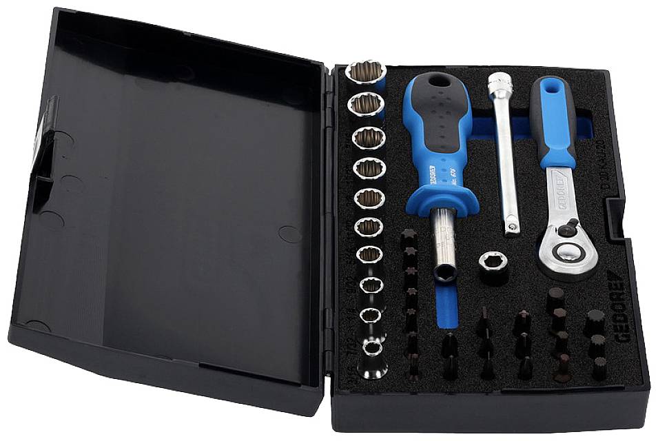 Open black tool case with blue handles; contains ratchets, bits and sockets in various sizes for repair work.