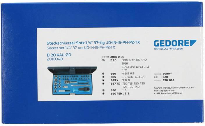 '1/4" Socket Spanner Set, 37-piece, Gedore. Includes various tools in the set with product details and place of manufacture on the packaging.'