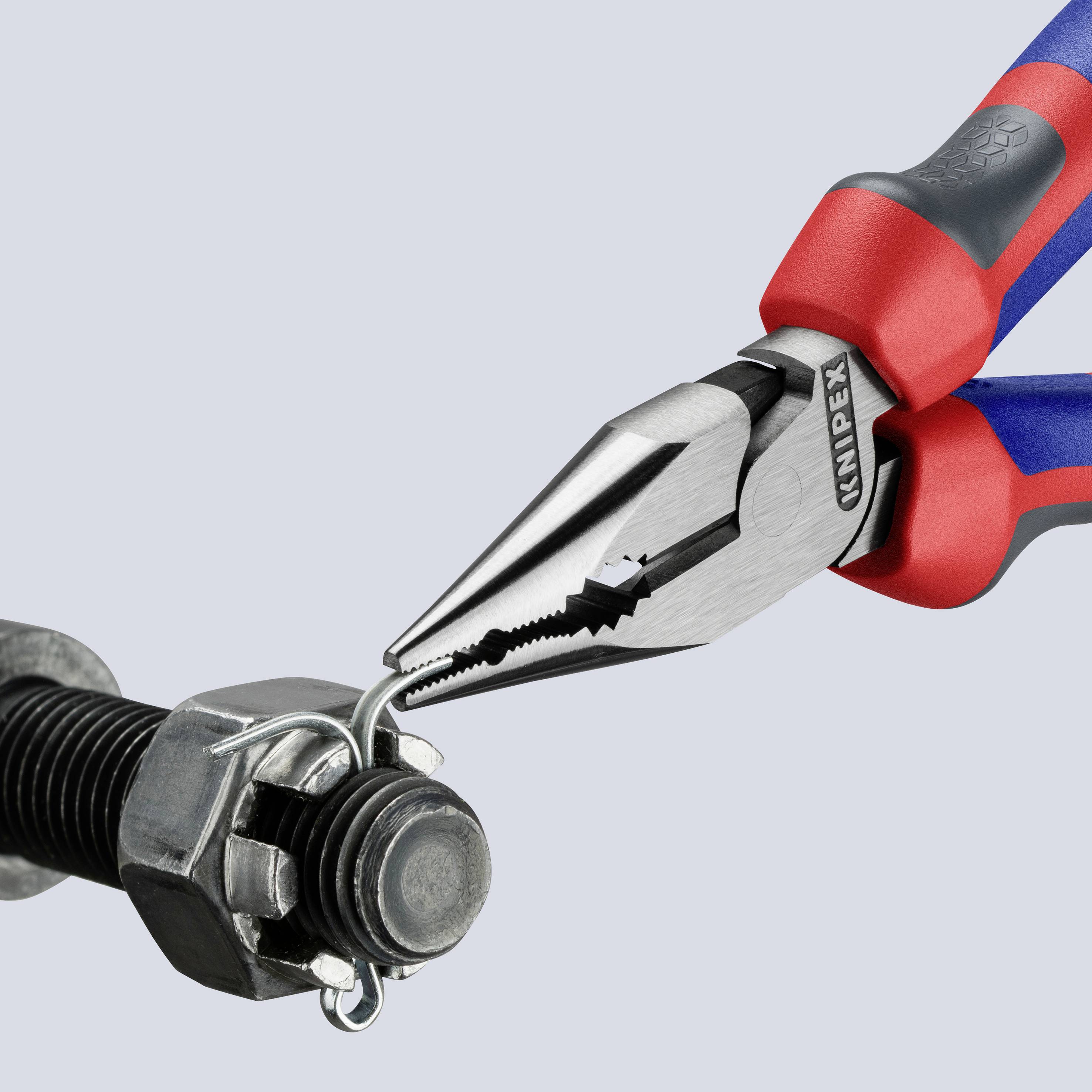 A blue and red pliers holds a screw firmly. The pliers precisely grips the head of the screw, which is situated in a nut.