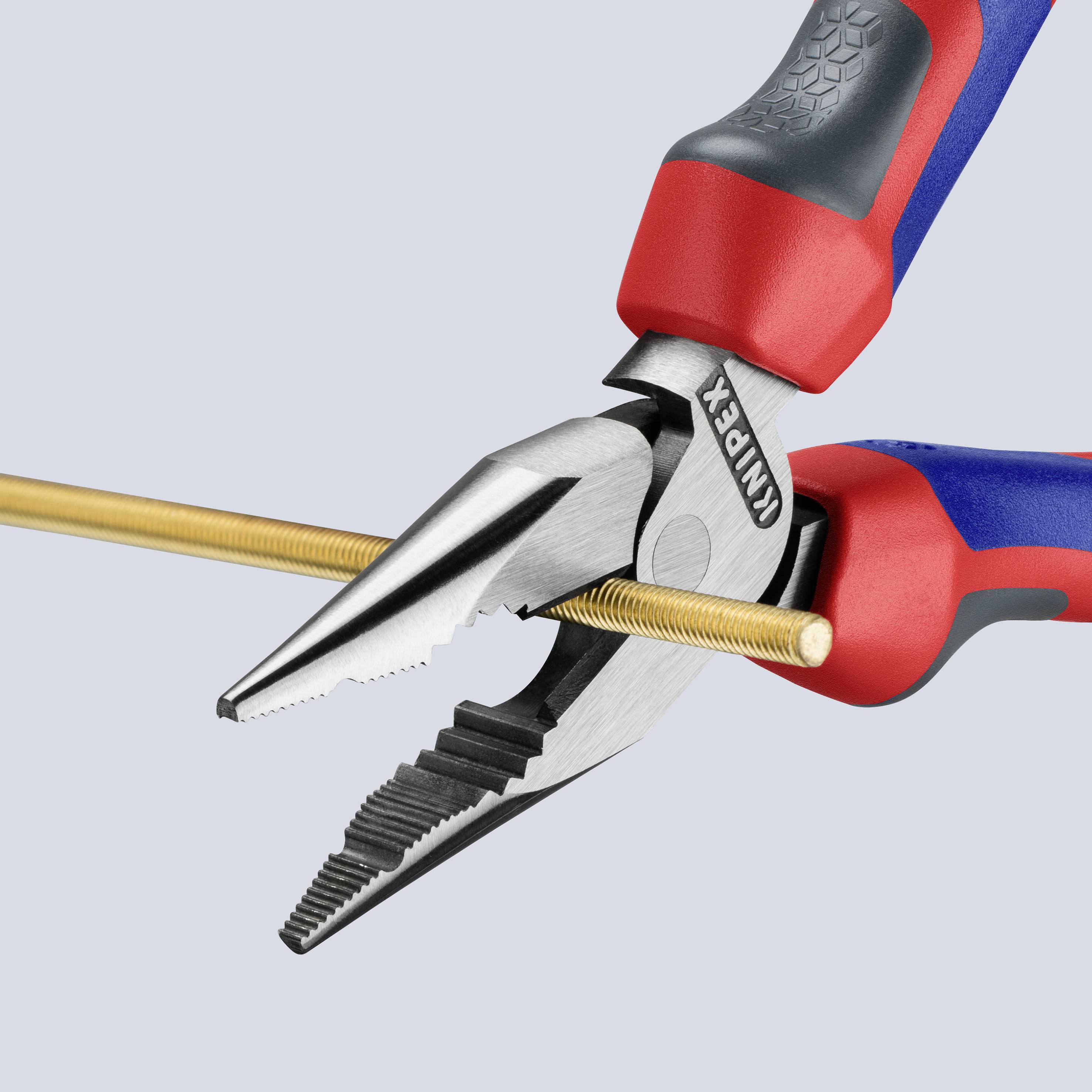 A combination pliers cuts a thin, golden metal rod. The pliers have red and blue handles and are branded 'Knipex'.
