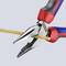 A combination pliers cuts a thin, golden metal rod. The pliers have red and blue handles and are branded 'Knipex'.
