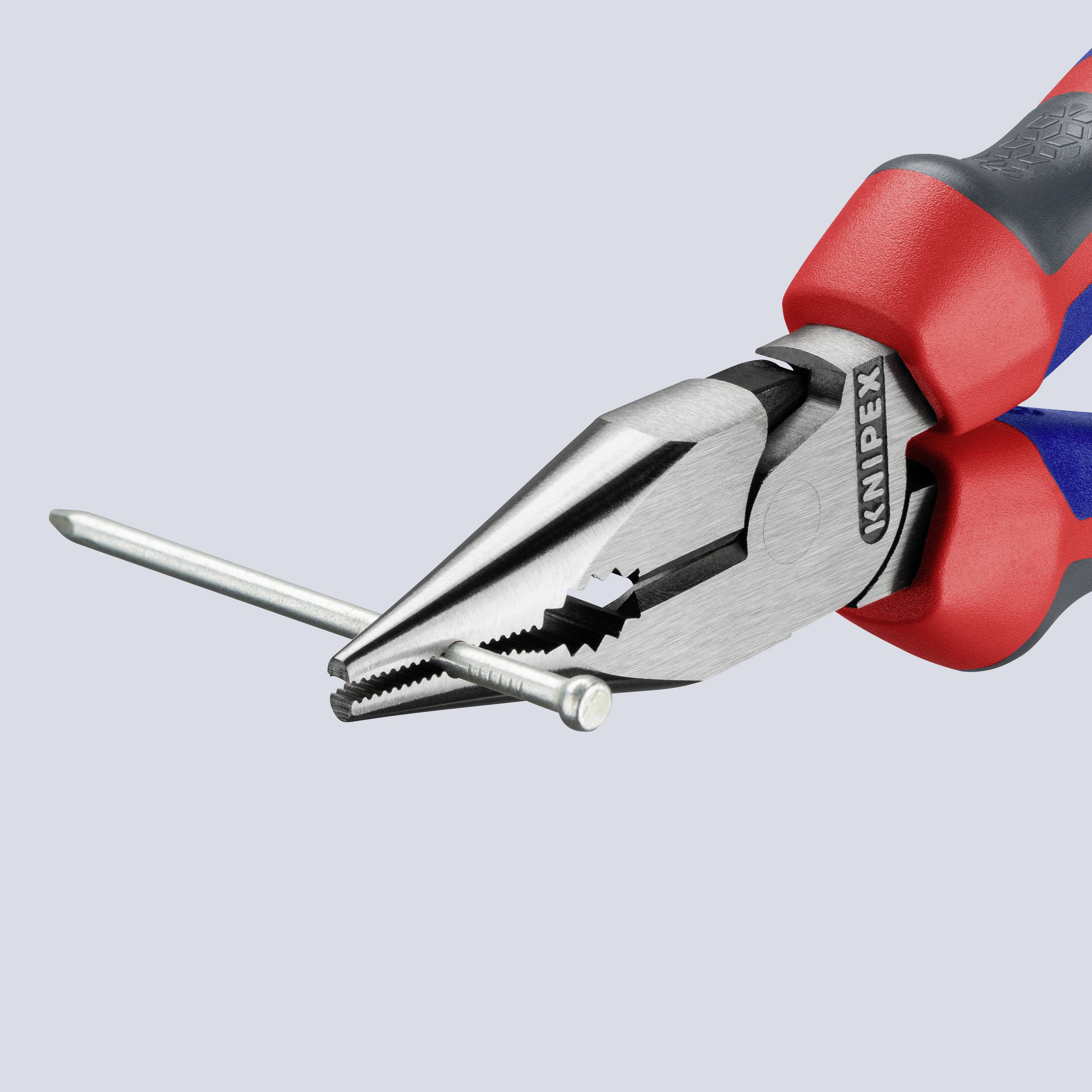 A red combination pliers holds a nail. The background is light grey.